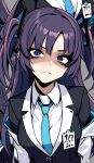  1girl blue_archive blue_eyes blue_necktie breasts halo id_card jacket large_breasts long_hair long_sleeves looking_at_viewer mechanical_halo nagainegi necktie purple_eyes purple_hair shirt simple_background solo two-sided_fabric two-sided_jacket two_side_up yuuka_(blue_archive) 
