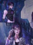  1boy 1girl adjusting_eyewear artist_name blunt_bangs closed_mouth crop_top dark_background genshin_impact glasses hair_between_eyes hand_up highres joints katanaberry lab_coat long_hair looking_at_viewer looking_up mechanical_arms mother_and_son pov purple_eyes purple_hair raiden_shogun red_lips robot_joints scaramouche_(genshin_impact) short_hair single_mechanical_arm sleeveless standing wire 