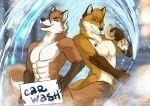 abs absurd_res anthro arm_tuft biggoodwolf blue_eyes blurred_background canid canine car_wash chest_tuft claws covering covering_crotch dipstick_arms dipstick_ears dipstick_tail doppelfoxx duo facial_markings finger_claws fingers fox head_markings head_tuft hi_res hose jakkals_van_der_bergh_(doppelfoxx) jewelry littlebadwolf male mammal markings multicolored_ears muscular muscular_male muzzle_(marking) necklace nude orange_eyes scott_(scottthefox94) shoulder_tuft snout snout_markings spraying_water tail tail_covering_crotch tail_markings tasteful tasteful_nudity tuft washcloth water