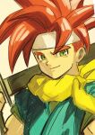  1boy chrono_trigger closed_mouth crono_(chrono_trigger) green_eyes headband highres holding holding_sword holding_weapon looking_at_viewer over_shoulder red_hair scarf short_hair smile solo spiked_hair sword waku_(ayamix) weapon weapon_over_shoulder white_headband yellow_scarf 