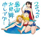  2girls @_@ b_suke bandaid bandeau barefoot bikini black_hair blonde_hair blue_shorts breasts calamity_jane_(fate) colored_inner_hair earrings fate/grand_order fate_(series) food highres holding holding_food holding_popsicle hot ishtar_(fate) jewelry lying_on_lap medium_breasts multicolored_hair multiple_girls navel popsicle ramune red_bikini red_hair shorts simple_background sitting space_ishtar_(fate) summer sweat swimsuit two-tone_hair white_background yellow_shorts 
