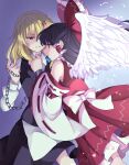  2girls absurdres angel_wings apron black_hair blonde_hair blue_bow bow chain commentary_request cuffs detached_sleeves feathered_wings frilled_bow frilled_hair_tubes frills hair_bow hair_tubes hakurei_reimu highres holding holding_chain kirisame_marisa long_hair long_sleeves mito_(fate) multiple_girls no_headwear red_bow red_eyes red_skirt ribbon-trimmed_sleeves ribbon_trim shackles signature skirt skirt_set touhou waist_apron white_wings wings yuri 