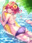  1girl absurdres alternate_costume amanoru_mozuku banana_boat barefoot bikini breasts drop_earrings earrings flower hair_flower hair_ornament heart highres jewelry lace-trimmed_bikini lace_trim large_breasts leaf looking_at_viewer looking_back purple_bikini pyra_(xenoblade) red_eyes red_hair short_hair side-tie_bikini_bottom smile solo string_bikini swept_bangs swimsuit tiara water wet xenoblade_chronicles_(series) xenoblade_chronicles_2 yellow_flower 