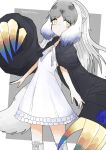  1girl bird black_jacket blue_hair boots claws closed_mouth crow dress grey_background grey_hair highres jacket japari_symbol kemono_friends long_hair looking_at_viewer megatherium_(kemono_friends) multicolored_hair simple_background solo tail vulpesgentiana white_dress yellow_eyes 