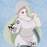  1girl blonde_hair blue_eyes breasts dcgamingsmc earrings fur_hat gloves half-closed_eyes hat highres holding holding_poke_ball jewelry large_breasts long_hair long_sleeves mature_female melony_(pokemon) multicolored_hair pantyhose_under_shorts pearl_earrings poke_ball pokemon pokemon_swsh ring scarf shorts side_slit side_slit_shorts single_glove solo streaked_hair sweater ultra_ball ushanka wedding_ring white_scarf white_sweater 