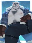  1boy abs animal_ears another_eidos-r bara bare_pectorals bear_boy bear_ears beard blue_jacket blush border bulge chest_tuft cowboy_shot english_commentary facial_hair fingerless_gloves from_below fur-trimmed_hood fur_trim gloves highres hood huge_eyebrows jacket kiba2412 large_pectorals looking_to_the_side male_focus muscular muscular_male navel_hair nipples open_clothes open_jacket open_mouth outside_border patterned_background pectorals scar scar_across_eye sigvaldi_(another_eidos) solo spread_legs sweatdrop thick_mustache thigh_strap twitter_username white_border white_fur 