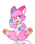 1_horn 2018 bakap blue_eyes blue_hands blue_horn cartoon_network fangs female fur genitals hi_res horn inner_ear_fluff lego looking_at_viewer open_mouth pawpads pink_body pink_ears pink_fur pink_inner_ear pink_nose pink_pawpads pussy red_tongue sitting solo teeth the_lego_movie tongue tuft unikitty unikitty! white_inner_ear_fluff yellow_paws