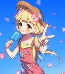  1girl badge bead_bracelet beads blonde_hair blue_background blush bracelet button_badge crop_top flower food futaba_anzu hair_flower hair_ornament hat highres holding holding_food holding_popsicle idolmaster idolmaster_cinderella_girls idolmaster_cinderella_girls_starlight_stage jewelry long_hair looking_at_viewer nyancul overalls popsicle short_sleeves smile solo sun_hat tongue tongue_out v very_long_hair 