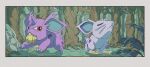  all_fours blue_skin closed_eyes colored_skin fang forest highres horns looking_at_viewer mouth_hold nature nidoran nidoran_(female) nidoran_(male) onamuzi_illust outdoors pokemon pokemon_(creature) purple_skin single_horn tree whiskers 
