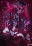  1girl absurdres artist_name baobhan_sith_(fate) baobhan_sith_(first_ascension)_(fate) bare_shoulders blush breasts detached_sleeves dress falling_petals fangs fate/grand_order fate_(series) frilled_dress frills gradient_background grey_eyes hair_ornament hands_on_own_face highres holding holding_weapon long_hair long_sleeves looking_at_viewer mallet munerinrakugaki open_mouth petals pink_hair pointy_ears red_background red_dress smile solo stake weapon 