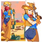  3amsoda ass bandana bandana_over_mouth bound brown_gloves cactus chaps cowboy_hat cowboy_western cowgirl_peach denim gloves gun hat highres holding holding_gun holding_weapon horns jeans lasso mario_(series) mask masked mouth_mask pants princess_peach princess_peach:_showtime! revolver toad_(mario) weapon 