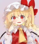  1girl ascot bat_wings blonde_hair crystal flandre_scarlet hand_on_own_face hat hat_ribbon highres mob_cap multicolored_wings one_side_up open_mouth puffy_short_sleeves puffy_sleeves ramochi red_eyes red_vest ribbon short_sleeves side_ponytail teeth touhou upper_body vest white_background white_hat wings yellow_ascot 