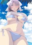  bikini blue_bikini blue_eyes blush bow breasts chimunge clothes_lift cloud cloudy_sky grey_hair highres large_breasts looking_down navel ocean palm_leaf senran_kagura shirt shirt_lift sky string_bikini suggestive_fluid swimsuit thighs white_shirt wide_hips yumi_(senran_kagura) 