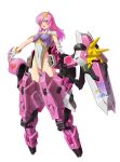  1girl adapted_costume armor blue_eyes breasts capelet cosplay gloves gundam gundam_seed gundam_seed_destiny hair_ornament highleg highleg_leotard highres ibuki_sakura_(sgw_v07) large_breasts leotard long_hair mecha_musume meer_campbell multicolored_leotard pink_hair simple_background solo star_(symbol) star_hair_ornament white_background white_capelet white_footwear white_gloves white_leotard 