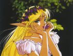  1990s_(style) 1girl blonde_hair long_hair official_art pointy_ears record_of_lodoss_war scan solo upper_body 