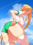  1girl ass blonde_hair blue_sky breasts calamity_jane_(fate) cloud dated fate/grand_order fate_(series) green_eyes green_shorts guriguri_(arayotto4351) hand_on_own_ass highres shorts sky smile solo tagme teeth thighs 