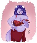 anthro belly_dancer_outfit big_breasts bikini bikini_top bra breast_squeeze breasts choker clothing curled_tail felid feline female hair hi_res holding_breast huge_breasts jewelry lingerie looking_at_viewer mammal necklace one_eye_closed peterandwhitney purple_body purple_hair slightly_chubby solo squeezing swimwear tail tongue tongue_out underwear whitney_(pnc) wink winking_at_viewer yellow_eyes