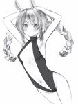  1girl absurdres alternate_costume animal_ears armpits arms_behind_head arms_up bare_arms bare_legs blush bow braid breasts greyscale hair_between_eyes hair_bow highres hololive long_hair looking_at_viewer monochrome multicolored_hair nanashi_(nlo) navel one-piece_swimsuit rabbit-shaped_pupils rabbit_ears simple_background small_breasts solo swimsuit symbol-shaped_pupils thick_eyebrows twin_braids two-tone_hair usada_pekora virtual_youtuber 