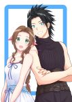  1boy 1girl aerith_gainsborough bare_arms bare_shoulders belt belt_buckle black_hair blue_eyes blush braid braided_ponytail brown_hair buckle collarbone commentary_request couple crisis_core_final_fantasy_vii crossed_arms dress earrings final_fantasy final_fantasy_vii green_eyes grin hair_ribbon head_on_another&#039;s_shoulder height_difference highres jewelry long_hair looking_at_viewer multiple_belts nalu open_mouth parted_bangs pink_ribbon ribbed_sweater ribbon short_hair sidelocks sleeveless sleeveless_turtleneck smile spaghetti_strap spiked_hair stud_earrings sweater turtleneck turtleneck_sweater twitter_username upper_body white_dress zack_fair 