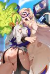  2girls absurdres ass ass_ripple ass_smack blonde_hair blush bodysuit boku_no_hero_academia breast_press breasts burnin_(boku_no_hero_academia) domino_mask eye_mask fiery_hair green_hair highres horns koyap large_breasts long_hair looking_at_viewer mask mount_lady multiple_girls smile spanked spanking thighhighs thong torn_clothes 