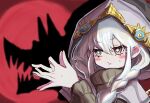  1girl asteria_of_the_white_woods blush_stickers braid diabellstar_the_black_witch duel_monster extra_digits grey_eyes grey_hair grey_sweater highres hood hood_up noppe red_background shadow shadow_puppet solo sweater twin_braids upper_body wolf yu-gi-oh! 