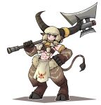  1girl abs absurdres animal_ears armlet axe bell blonde_hair body_fur breasts brown_eyes cow_ears cow_horns cowbell digitigrade full_body hand_on_own_hip highres holding holding_axe hooves horn_ornament horn_ring horns juztpl4y1 large_breasts looking_at_viewer minotaur muscular muscular_female neck_fur original over_shoulder pelvic_curtain smile solo standing tail weapon weapon_over_shoulder white_background 