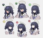  1girl bags_under_eyes black_hair blue_archive blue_eyes blush cardigan hair_between_eyes hairband halo highres jewelry long_hair long_sleeves looking_at_viewer low_twintails multiple_persona open_mouth simple_background twintails ui_(blue_archive) very_long_hair xaiqi 