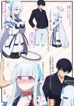  1boy 1girl absurdres afrody black_hair blue_archive blush glasses halo highres holding holding_leash leash long_hair looking_at_another noa_(blue_archive) paw_pose sensei_(blue_archive) short_hair smile translation_request white_hair 