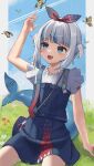  1girl 3xens arm_at_side arms_up blue_eyes blue_hair blue_skirt blunt_bangs blush bow_hairband bug butterfly buttons choppy_bangs commentary_request fins fish_tail frilled_sleeves frills gawr_gura gawr_gura_(casual) grey_hair hair_bobbles hair_ornament hairband highres hololive hololive_english miniskirt multicolored_hair official_alternate_costume official_alternate_hairstyle on_grass open_mouth shark_girl shark_tail sharp_teeth shirt short_sleeves sidelocks sitting skirt skirt_set solo streaked_hair suspenders tail teeth two_side_up virtual_youtuber white_shirt 