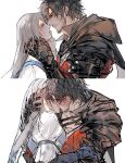  1boy 1girl armored_gloves black_hair braid cape clive_rosfield couple earrings facial_hair final_fantasy final_fantasy_xvi french_kiss gyulseu hair_ribbon hands_on_another&#039;s_face hands_on_another&#039;s_head highres hug imminent_kiss jewelry jill_warrick kiss long_hair looking_at_another puffy_sleeves ribbon scar scar_on_face short_hair simple_background 