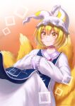  1girl absurdres animal_ears animal_hat blonde_hair blue_tabard closed_mouth commentary_request fox_ears fox_tail hands_in_opposite_sleeves hat highres long_sleeves mob_cap multiple_tails short_hair smile solo suzuzora_niji tabard tail touhou twitter_username yakumo_ran yellow_eyes 
