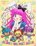  1girl 2022 3boys alice_(alice_in_wonderland) alice_(alice_in_wonderland)_(cosplay) blue_eyes blue_hair card cosplay green_eyes happy_easter kamijou_tatsuhisa kirishima_romin multicolored_hair multiple_boys nanano_thunder ohdo_yuga pink_hair purple_hair smile sougetsu_gakuto two-tone_hair white_rabbit_(alice_in_wonderland) white_rabbit_(alice_in_wonderland)_(cosplay) yu-gi-oh! yu-gi-oh!_sevens 