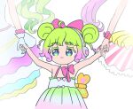  3girls absurdres aged_down ahoge arms_up bow closed_mouth commentary_request double_bun dress falulu falulu_(awakened) gradient_hair green_dress green_hair hair_bow hair_bun highres holding_hands hyopu laalulu manaka_laala multicolored_hair multiple_girls out_of_frame pink_bow pretty_series pripara purple_hair solo_focus standing white_background winding_key 