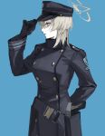  1girl black_coat black_hat blonde_hair blue_archive blue_eyes coat gun halo handgun hat highres holster kawatiw peaked_cap simple_background suou_(blue_archive) weapon 