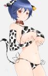  1girl :o absurdres amane_(senran_kagura) animal_collar animal_ears animal_print bikini blue_hair blush breast_hold breasts bridal_gauntlets cleavage collar commission commissioner_upload covered_nipples cow_ears cow_horns cow_print cow_print_bikini cow_tail ear_tag grey_background hands_on_own_breasts highres horns kinako_(mzknk0) large_breasts looking_at_viewer looking_to_the_side navel print_bikini red_eyes senran_kagura short_hair side-tie_bikini_bottom simple_background skeb_commission swimsuit tail underboob 