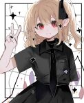  1girl black_bow black_bowtie black_shirt black_skirt blonde_hair bow bowtie crystal flandre_scarlet hair_ribbon highres multicolored_wings one_side_up open_mouth ramochi red_eyes ribbon shirt side_ponytail skirt solo star_(symbol) touhou upper_body wings 