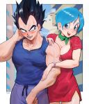  1boy 1girl artist_name black_hair blue_eyes blue_hair blue_tank_top blush border breast_press breasts bulma cleavage couple dragon_ball dress earrings english_commentary green_hair green_neckerchief hand_on_another&#039;s_arm hetero highres husband_and_wife jewelry large_breasts lipstick looking_at_another makeup muscular muscular_male neckerchief open_mouth pants red_dress rollo_(kuyuen1) shirt short_dress short_hair smile sweat tank_top teeth vegeta widow&#039;s_peak 