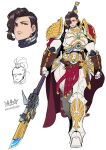  1girl adeptus_custodes alternate_hairstyle armor belt breastplate breasts brown_hair cape clenched_hand closed_mouth full_armor gauntlets genderswap genderswap_(mtf) gold_trim greaves guardian_spear gun hair_over_one_eye halberd highres holding holding_gun holding_polearm holding_weapon huge_weapon imperial_aquila imperium_of_man large_breasts looking_to_the_side multiple_belts multiple_views open_mouth pauldrons pelvic_curtain polearm power_armor red_cape ryuusei_(mark_ii) sheath sheathed short_hair shoulder_armor signature solo undercut warhammer_40k weapon white_armor white_background wide_hips yellow_eyes 