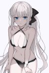  1girl bare_shoulders bikini black_bow blue_eyes blush bow braid breasts closed_mouth collarbone fate/grand_order fate_(series) french_braid grey_hair hair_between_eyes hair_bow highres large_breasts long_hair long_sleeves looking_at_viewer mati5572 morgan_le_fay_(fate) navel ponytail sidelocks simple_background solo swimsuit thighhighs thighs very_long_hair white_background 