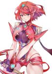  1girl aegis_sword_(xenoblade) armor breasts core_crystal_(xenoblade) cowboy_shot drop_earrings earrings fingerless_gloves gloves highres impossible_clothes jewelry large_breasts looking_at_viewer pyra_(xenoblade) red_eyes red_hair red_shorts short_hair short_shorts shorts shoulder_armor smile solo swept_bangs sword tiara ug333333 weapon white_background xenoblade_chronicles_(series) xenoblade_chronicles_2 