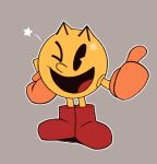 boots clothing dreddstarin footwear gesture gloves hand_gesture handwear looking_at_viewer male not_furry one_eye_closed open_mouth open_smile pac-man pac-man_(series) simple_background smile solo thumbs_up waddling_head wink yellow_body