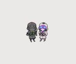  2boys apex_legends arachnoid_rush_octane balisong biohazard_octane black_gloves butterfly_knife_(apex_legends) chibi dual_persona gloves goggles grey_background hand_on_own_hip holding holding_knife knife looking_at_viewer mask miru_(mirusenn22) multiple_boys octane_(apex_legends) white_gloves 