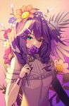  1girl alternate_costume blue_eyes braid covered_mouth dress essukaa_(e-su) flower gradient_background hair_flower hair_ornament hairclip head_wings heterochromia holding holding_flower long_hair looking_at_viewer nijisanji nijisanji_en pink_eyes purple_flower purple_hair selen_tatsuki slit_pupils solo twin_braids upper_body virtual_youtuber white_dress wings 