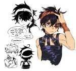  1boy artist_name black_hair black_tank_top closed_mouth deformed deviidog0 english_commentary english_text hairband hand_in_own_hair hand_on_own_head highres jojo_no_kimyou_na_bouken looking_at_viewer narancia_ghirga one_eye_closed orange_hairband purple_eyes scar scar_across_eye short_hair speech_bubble tank_top twitter_username vento_aureo 