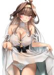  1girl ahoge breasts brown_hair cameltoe cleavage cleavage_cutout clothing_cutout cowboy_shot double_bun dress dress_shirt gold_hairband hair_bun hairband highres kantai_collection kongou_(kancolle) large_breasts long_hair official_alternate_costume panties parted_bangs shirt simple_background smile solo tororo_ten underwear white_dress white_panties 