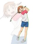  1girl :d blue_shorts brown_eyes brown_hair golf_club holding holding_golf_club multiple_views official_art ooi!_tonbo ooi_tonbo pink_sleeves playing_games playing_golf playing_sports shirt short_hair short_sleeves shorts smile socks solo transparent_background turning_head white_footwear white_shirt white_socks zoom_layer 