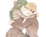  1boy 1girl alternate_costume alternate_hairstyle arms_around_neck arms_around_waist blonde_hair bound bound_wrists bow breasts brown_dress brown_jacket dashimakick dress face-to-face floral_print from_side glasses green_hair hair_bow imminent_kiss jacket lace_shirt land_(sousou_no_frieren) long_hair medium_breasts print_shirt see-through see-through_shirt shirt short_hair simple_background sousou_no_frieren strapless strapless_dress ubel_(sousou_no_frieren) upper_body white_background white_bow 