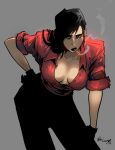  1girl artist_name black_hair breasts cigarette cleavage dc_comics gloves highres kjlbs lady_shiva looking_at_viewer medium_breasts open_clothes open_shirt red_shirt shirt signature sleeves_rolled_up smoke smoking solo standing 