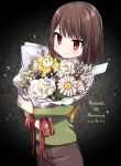  1other alphys anniversary black_background blush bouquet brown_hair brown_pants chara_(undertale) closed_mouth copyright_name dated english_text flower flowey_(undertale) frisk_(undertale) green_sweater highres holding holding_bouquet leaf leftporygon long_sleeves looking_down pants papyrus_(undertale) red_eyes red_ribbon ribbon sans_(undertale) short_hair smile solo striped_clothes striped_sweater sweater toriel turtleneck turtleneck_sweater undertale undyne white_flower yellow_sweater 