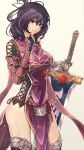  1girl ao_no_kiseki bow-shaped_hair breasts dress eiyuu_densetsu floating_clothes gauntlets half_updo highres holding holding_sword holding_weapon huge_breasts huge_weapon looking_at_viewer purple_eyes purple_hair rixia_mao sidelocks simple_background single_arm_guard smile solo sword weapon white_background yukiko_(leovioykk) zero_no_kiseki 